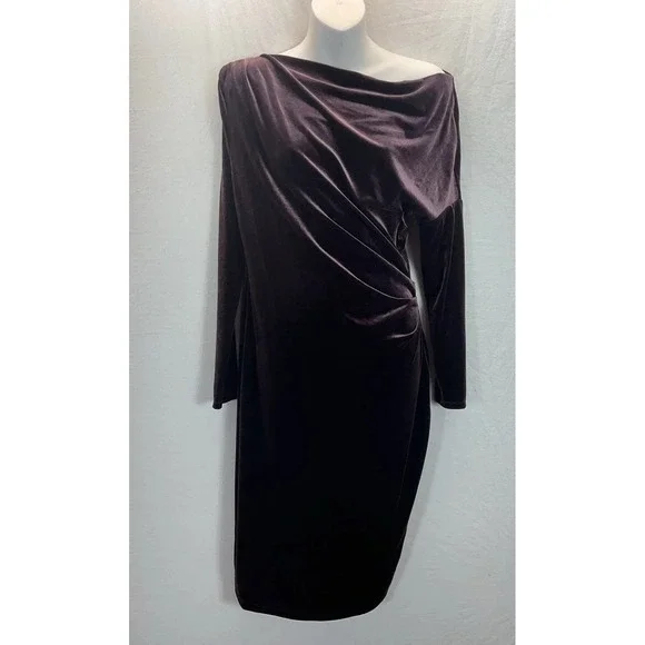 Lauren Ralph Lauren Velvet Off  the Shoulder Midi Dress Deep Purple Sz 8 Holiday