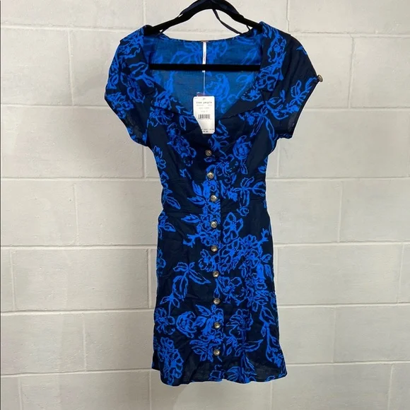 $128 NWT Free People A Thing Called Love Mini Dress Size‎ 6 Navy Combo Boho 90s
