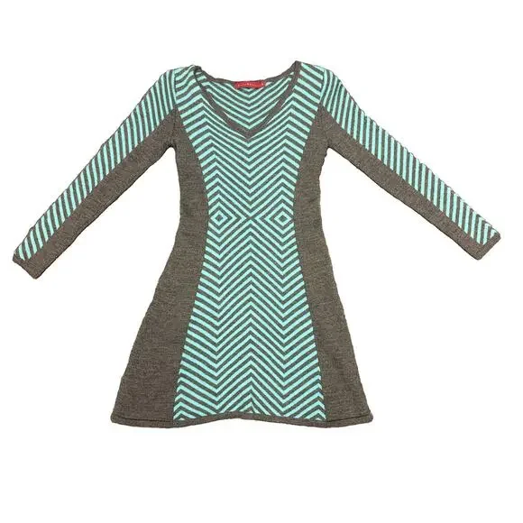 Krimson Klover Sweater Dress Chevron 100% Wool Blue Gray Skater Dress Size S
