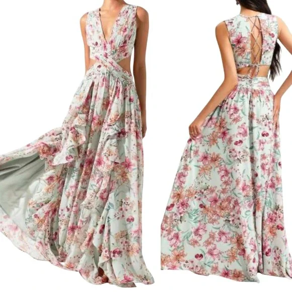 New Tsukko Aqua Deep-V Floral Lace-Up Back Chiffon Ruffle Maxi Dress Prom Gown M