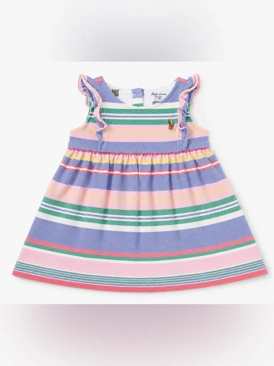 Ralph Lauren Baby Girls 3M Pastel Striped Ruffle Dress Preppy Spring