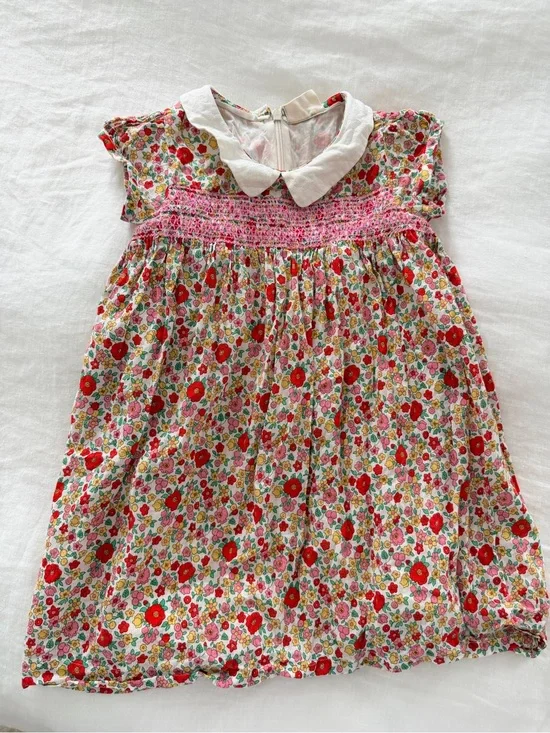 Mini Boden Floral Smocked Dress with White Peter Pan Collar - Red & Pink