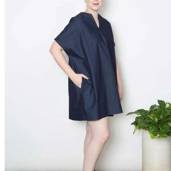 SBJ Austin Mary Dress Tunic Navy Blue Plaid Cotton Oversized Square V-Neck OS‎