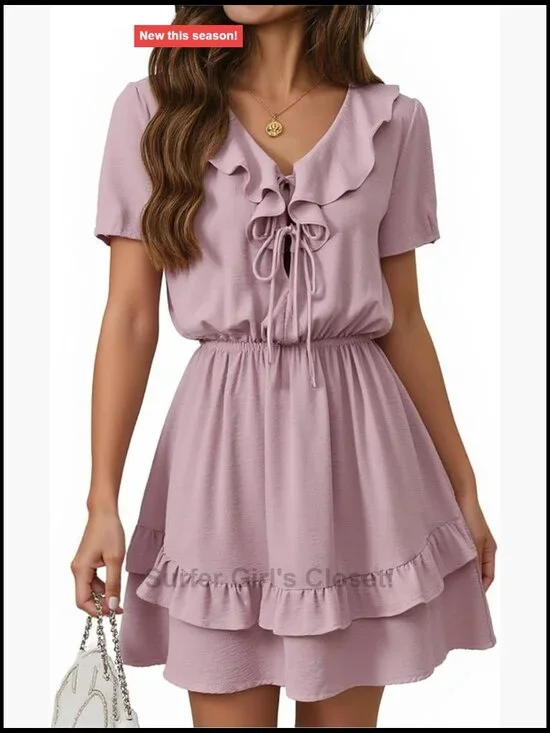 Women's V-Neck Tie Front Mini Dress Ruffle Hem Short Sleeve Casual