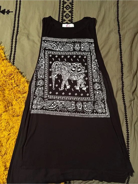 Black Sleeveless Dress with White Elephant Print and Side Slits