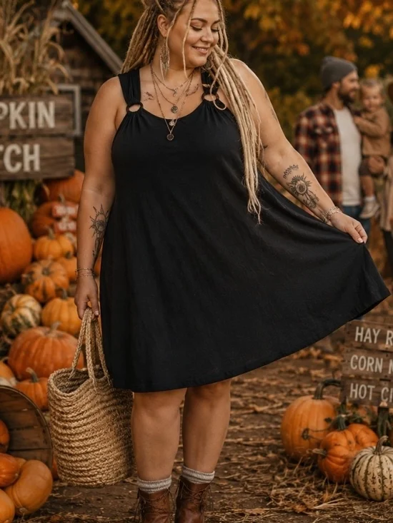 4/$15 Romantic Boho Minimalist Black Flowy Dress Wood Details Sz 1X Plus Women's