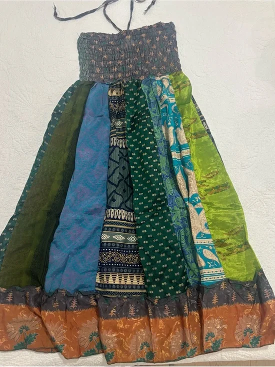 NWT Junglee Bille Boho Patchwork Maxi Dress in Green and Blue