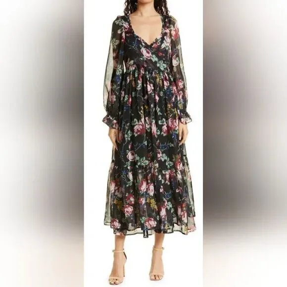 ByTIMO MULTI Floral Wrap Bodice Long Sleeve Chiffon DRESS in Rose field Size XS