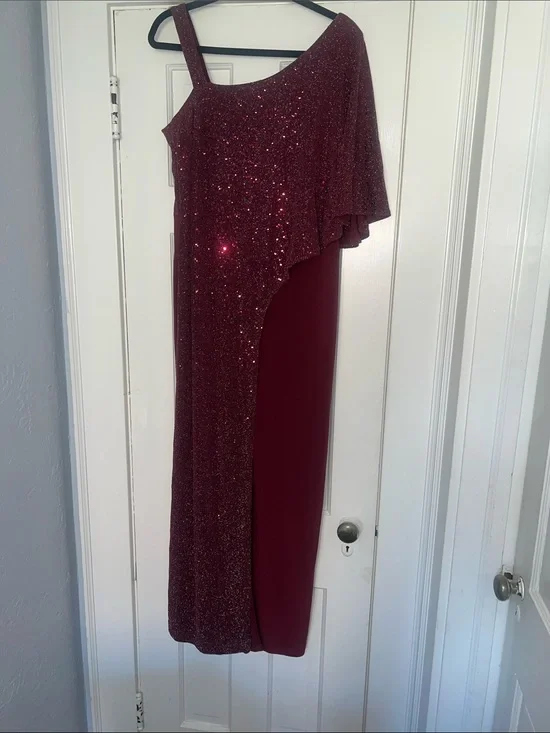 R&M Richards Burgundy Sparkle Overlay Formal Jumpsuit Wide Leg Evening Cocktail