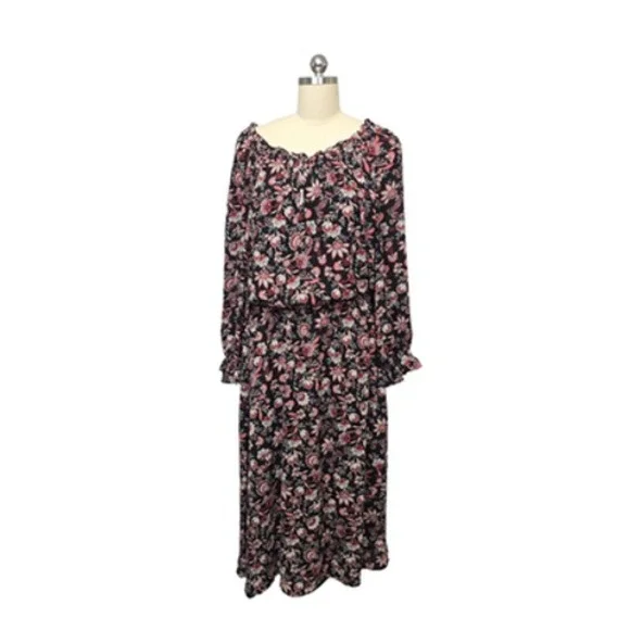 Talbots Dress Womens Large Black Floral Midi Long‎ Sleeve Ruffle Peasant Lined
