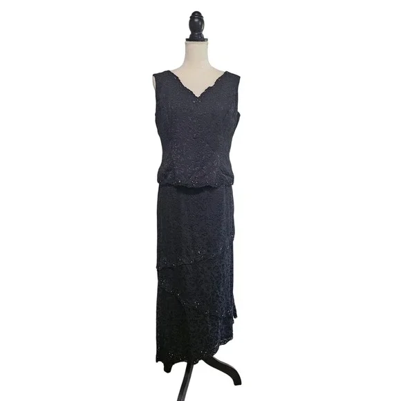 Cameron Blake Black Silk Beaded Tiered Maxi Dress Size 14 Dark Romantic Elegant