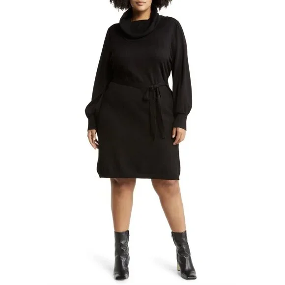 NWT Sam Edelman Knit Cowl Neck Long Sleeve Mini Dress with Tie Belt, Black, M