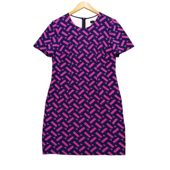 Trina‎ Turk Shift Dress Womens L Pink Navy Blue Geometric Short Sleeve