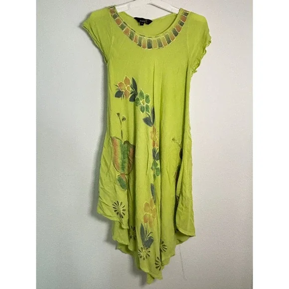 Riviera Sun Lime Green‎ Floral Butterfly Embroidered Dress Womens Large L Short