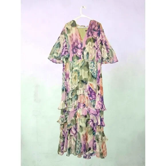 Melonie T Floral Tiered Chiffon Maxi Dress Size 24W V-Neck Flutter Sleeve