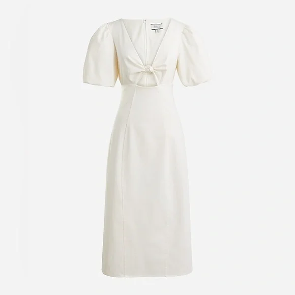J Crew Collection Ivory Cream Cutout‎ Puff Sleeve Cotton Twill Midi Dress 10