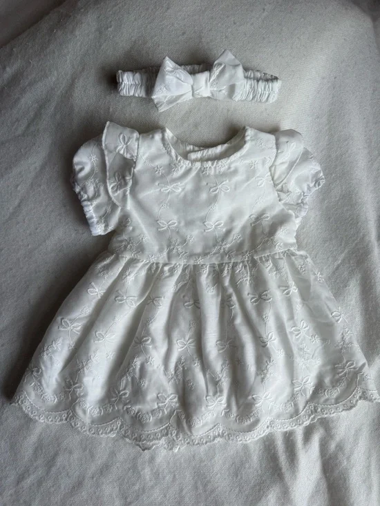 White Embroidered Baby Girl Formal Dress with Headband