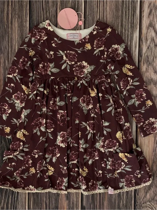 🆕 SweetHoney Girls' Long Sleeve Floral Dress - Burgundy Size 8