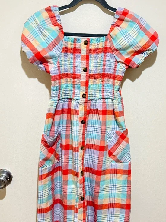 wonder nation Red Multi-Color Plaid Puff Sleeve Button-Front Dress