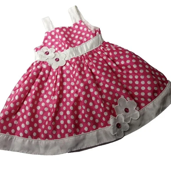Youngland Baby Girl Pink White Polka Dot Flower Dress Rhinestone Toddler Sz 24M