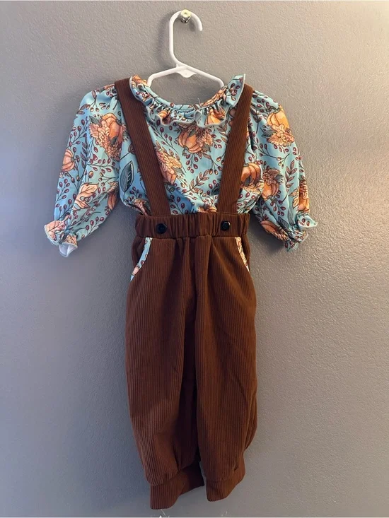 Girls' Floral Blouse with Brown Corduroy Suspender Pants