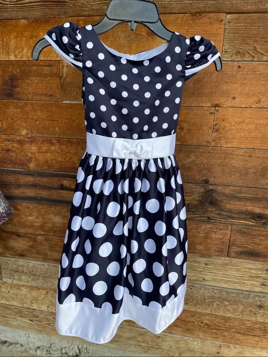 Jessica McClintock Girls Black White Polka Dot Party Dress Size 6X Bow Formal
