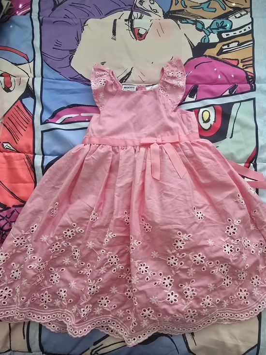 Blueberi Boulevard Pink Eyelet Floral Party Dress with Ribbon Waist