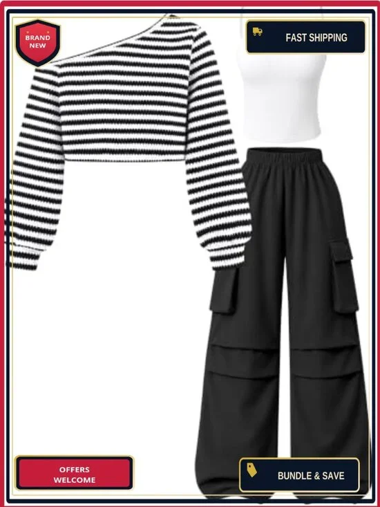 Girls 3 Piece Knit Off Shoulder Top & Cargo Pants Set