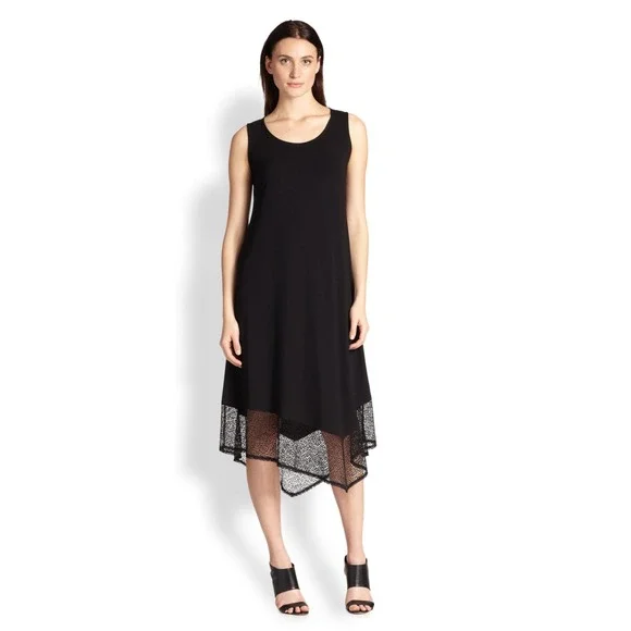 Eileen Fisher Black Sleeveless Midi Dress Knit‎ Jersey Lace Hem