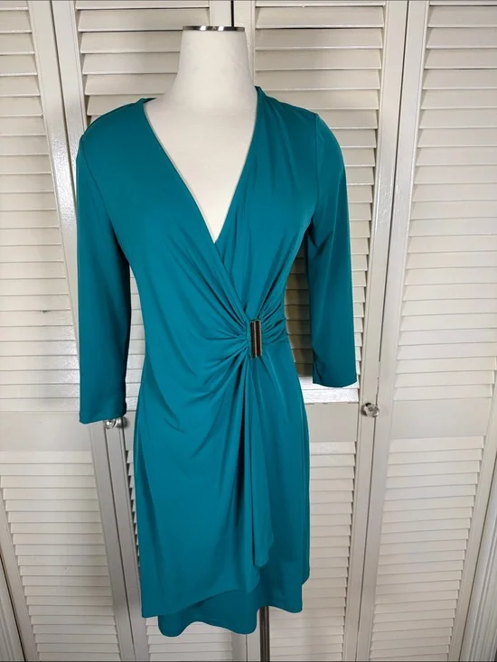 Calvin Klein Green Gold Bar Hardware Faux Wrap Dress Size Petite P Small