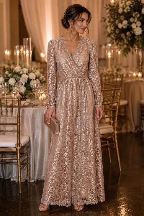 Vintage JCPenney 10P Taupe Rose Gold Lace Maxi Dress Petite Long Sleeve DressUSA