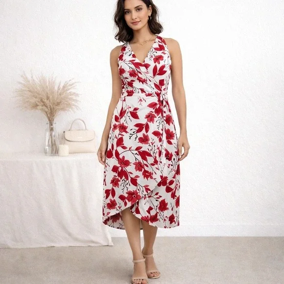 Banana Republic Red Floral‎ Wrap-Effect Midi Dress | Sleeveless V-Neck Size 0