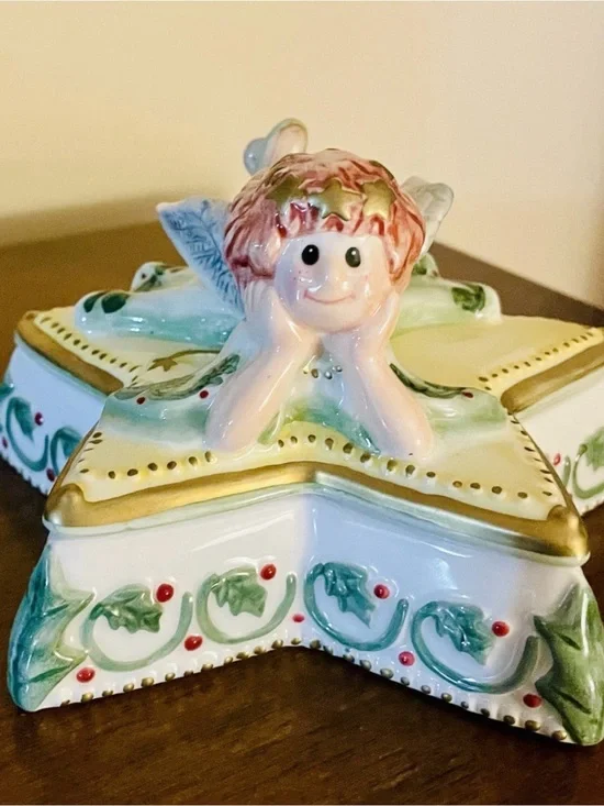 Star-Shaped Ceramic Trinket Box with Fairy White, Gold, Green