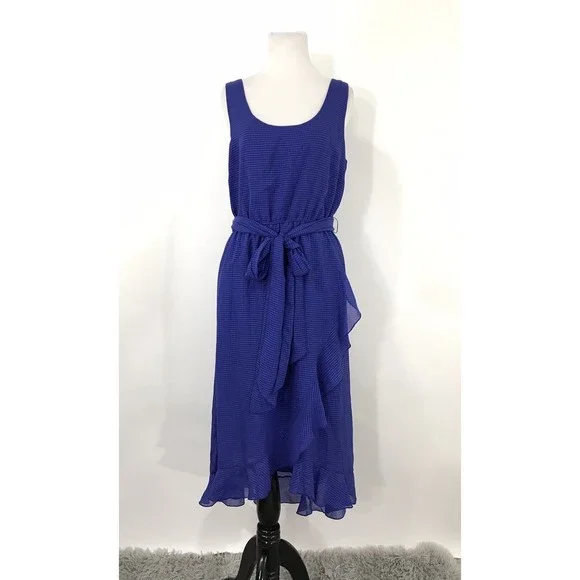 NWT Belle Badgley Mischka‎ Sleeveless Blue Ruffle Hem Tie Waist Dress Size 8