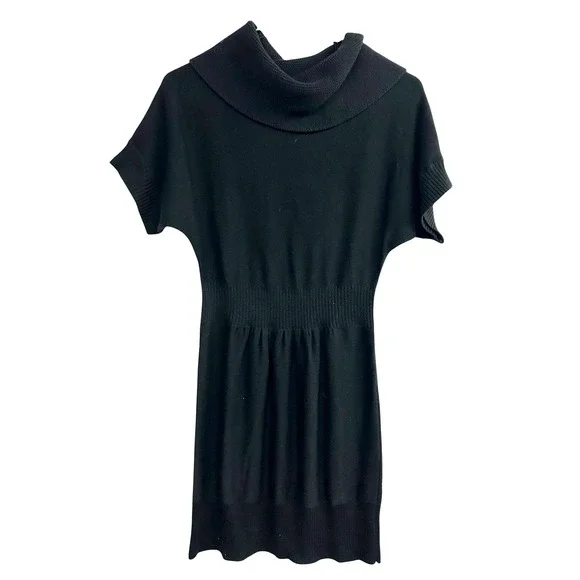Black Wool Blend Sweater Dress M Short Sleeve Cowl Neck Minimalist Quiet Luxury‎