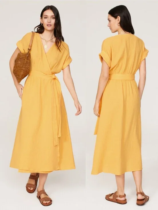 Marine Layer Valencia Wrap Midi Dress Marigold golden yellow cotton gauze Large