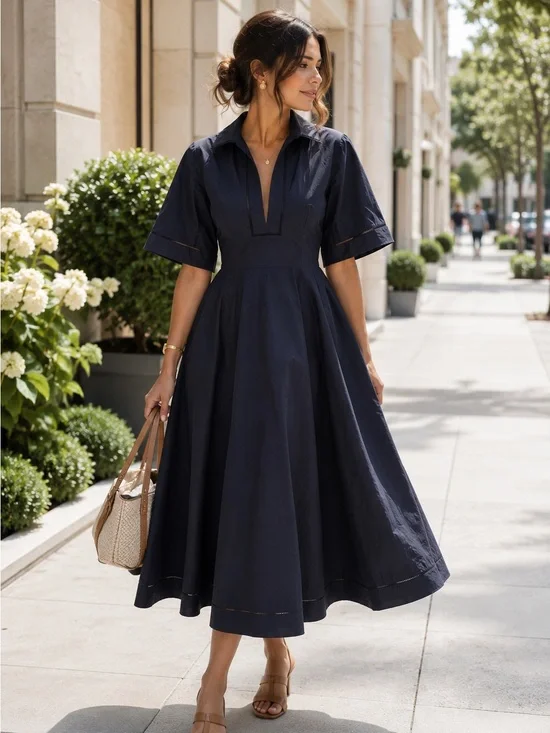 ROHE Ladder Embroidered Poplin Midi Dress Navy Size 38 US 6