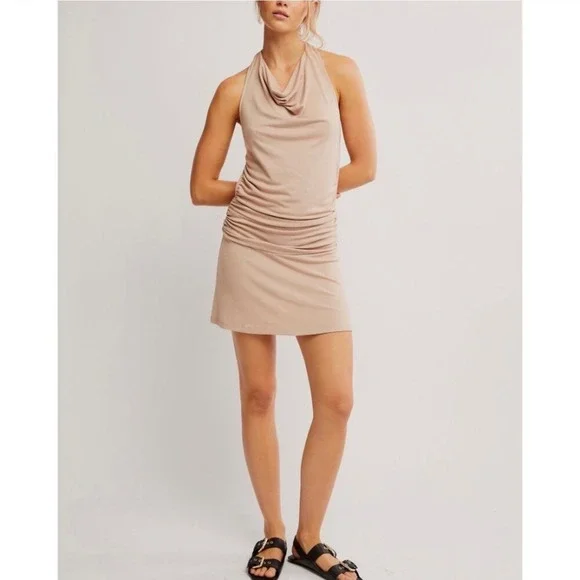 FP Beach Free People Cowl Neck Backless Halter Ruched Mini Dress Pink XS‎