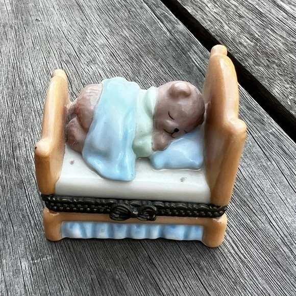 Sleeping Baby Bear Porcelain Hinged Keepsake Decorative Trinket Box Jewelry Box