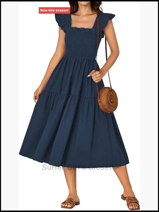 A-Line Smocked Midi Dress Square Neck Ruffle Sleeveless Cotton