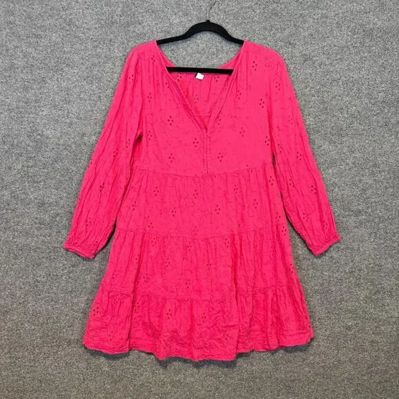 Old Navy Dress Womens Medium Pink Long Sleeve Mini Tiered Bohemian Cottage‎ Core