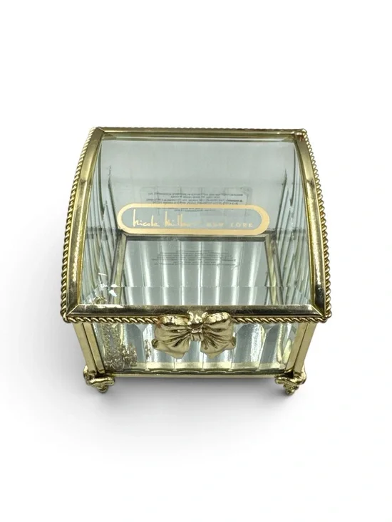 Nicole Miller New York Glass Gold Bow Jewelry Casket Trinket Box Coquette