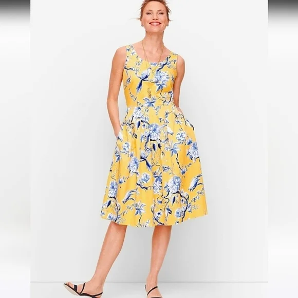 Talbots China Blue on Yellow Toile Print Sleeveless Fit & Flare Dress w/ Pockets