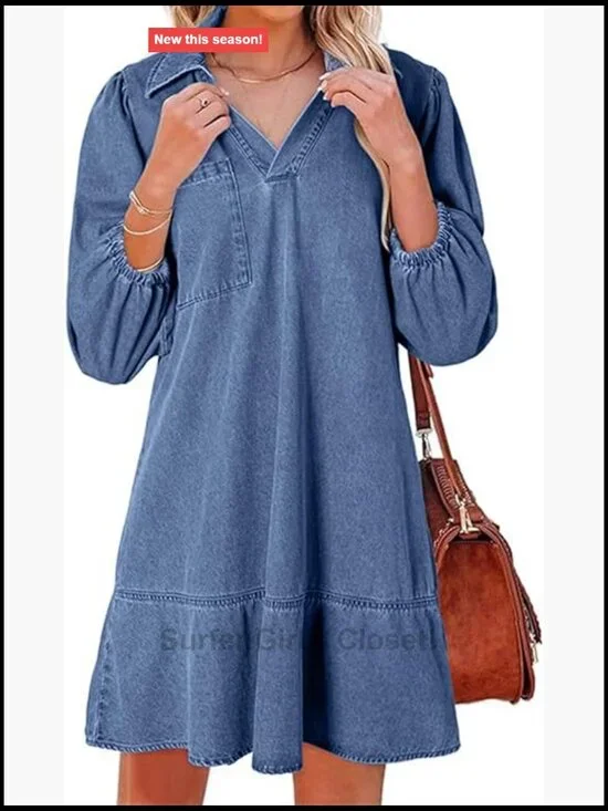 Women's Casual Shift Denim Dress 3/4 Sleeve V-Neck with Pockets