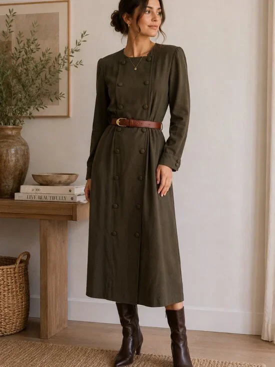 Vintage Talbots Olive Green Military Midi Dress Wool Blend Size‎ 8 ✨