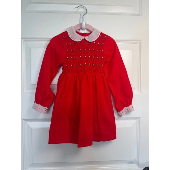 Vintage Winnie the Pooh Smocked Red Dress Eyelet Collar 3T Disney Perma-Prest