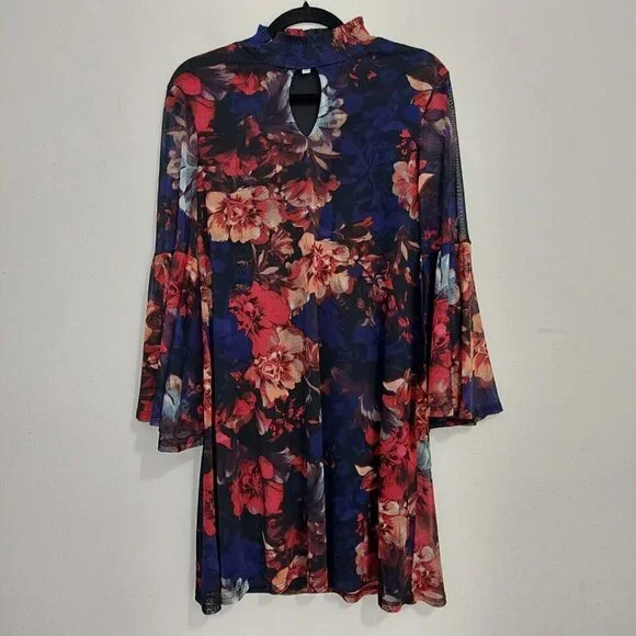 Neiman Marcus Blue Pink Floral Sheer Bell Sleeve Fully Lined Shift Dress Size 8‎