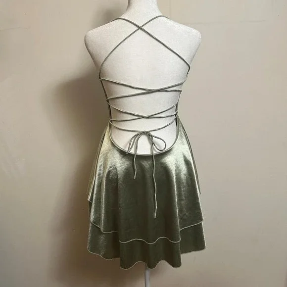 Strappy Lace Up Back‎ Mini Dress Sage Green Large Excellent Festival Fairy