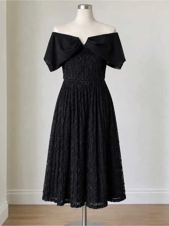 JS Collections Black Off Shoulder Textured Fit Flare Midi Dress NWT