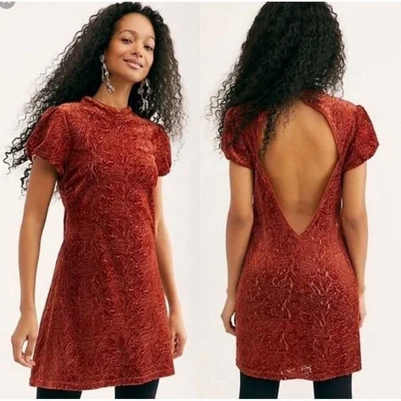 We The Free People Rust Orange Velour Open Back Mini Lace Dress Sz 2/XS Puff Slv
